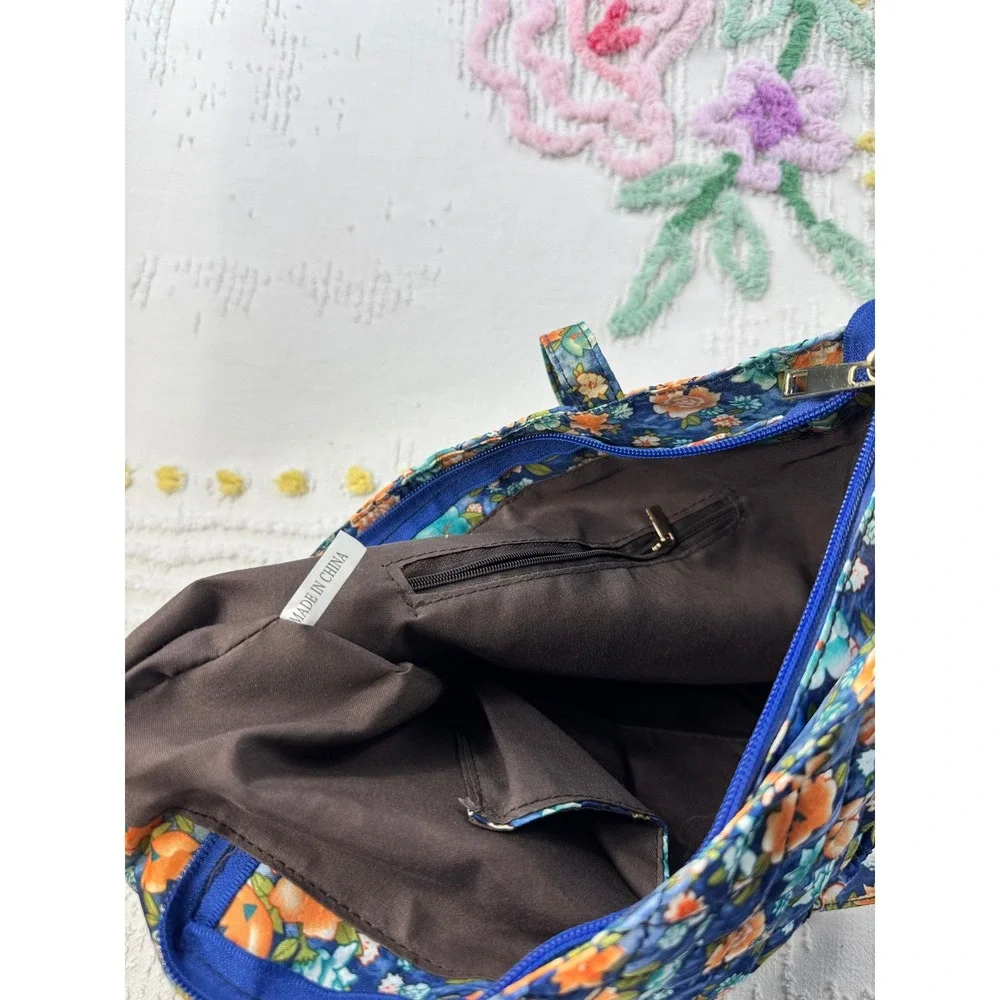Blue Floral Quilted Cotton Tote Bag Zippered Shoulder Bag with Pockets